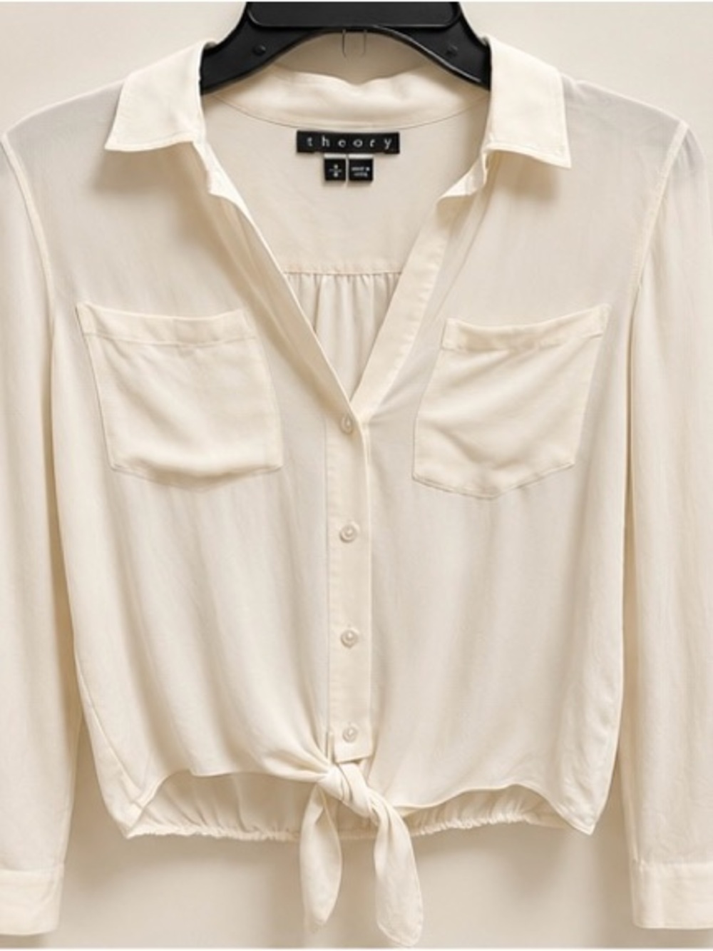 Theory Orencia 100% Silk Tie Front Blouse Ivory Cream Small